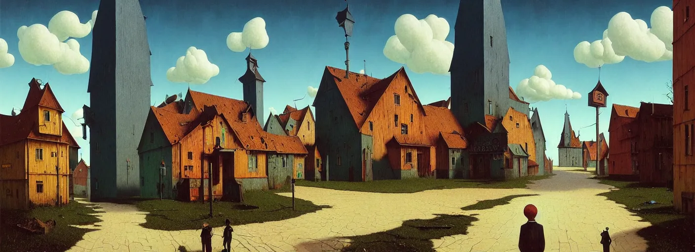 Image similar to flooded! old dark scary wooden empty cursed town street entrance, very coherent and colorful high contrast masterpiece by gediminas pranckevicius rene magritte norman rockwell franz sedlacek, full - length view, dark shadows, sunny day, hard lighting, reference sheet white background