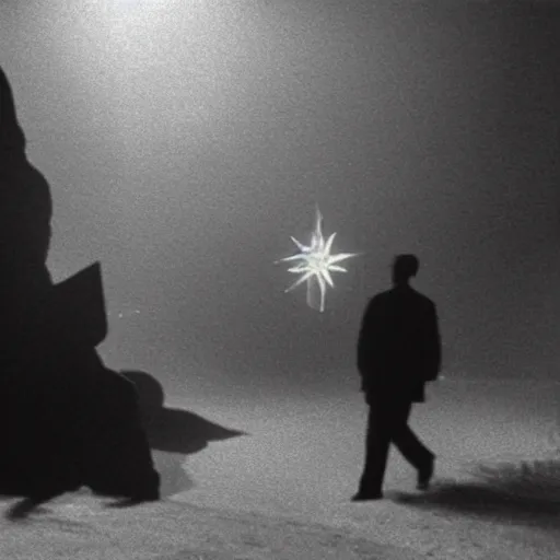 Image similar to a man in the fog and a giant starfish monster emerging above, 1950s Korean film noir in the style of Orson Welles and Ishirō Honda, ambient