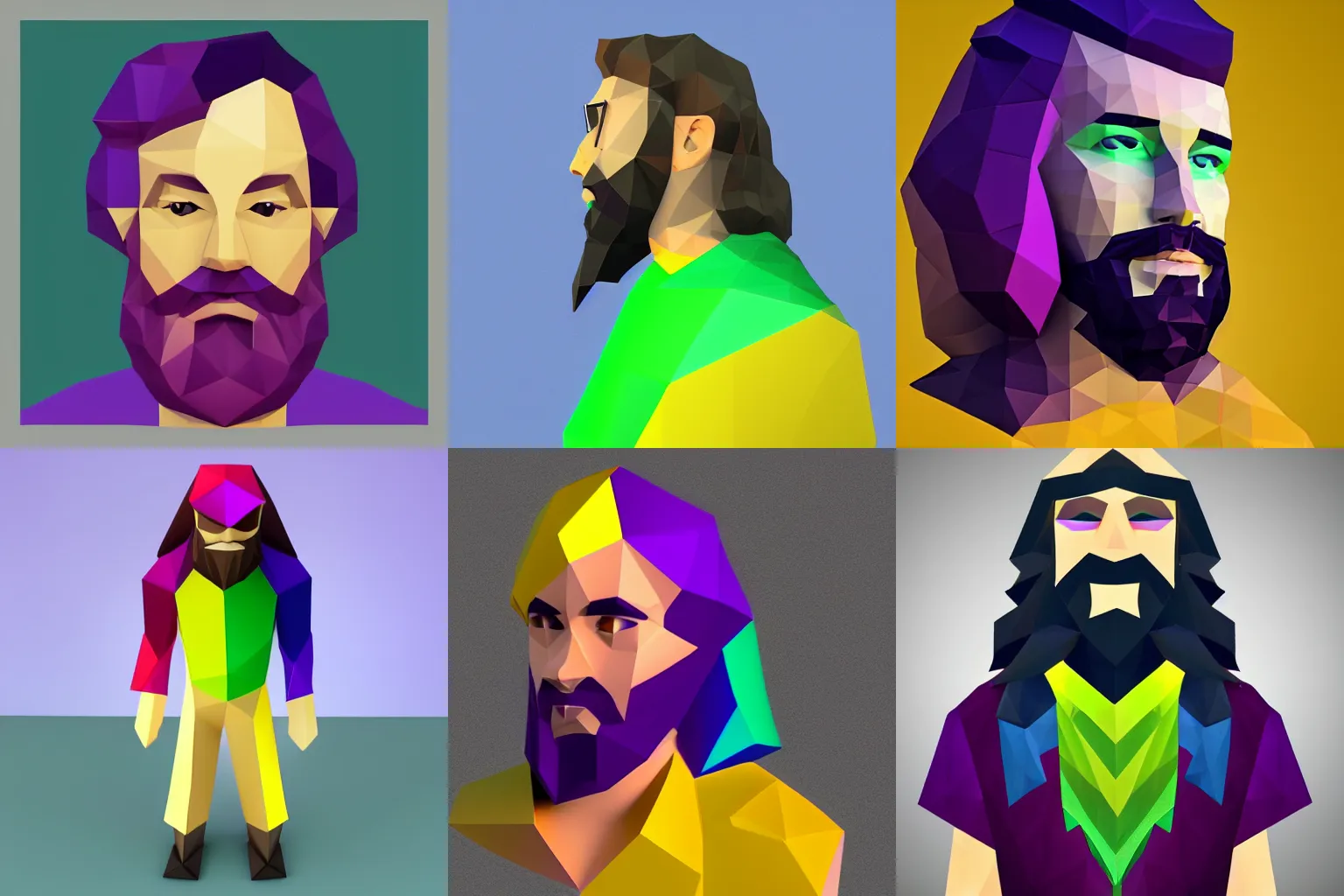 Prompt: Low poly man with long hair. beard. Purple. Yellow. Blue. Green.