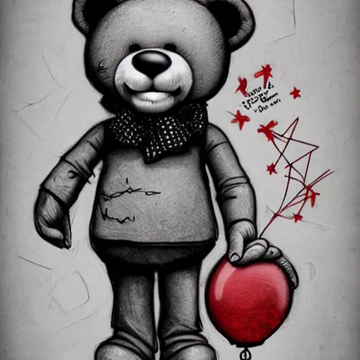 Image similar to surrealism grunge cartoon sketch of a teddy bear with a wide smile holding a red balloon by - michael karcz, loony toons style, horror theme, detailed, elegant, intricate