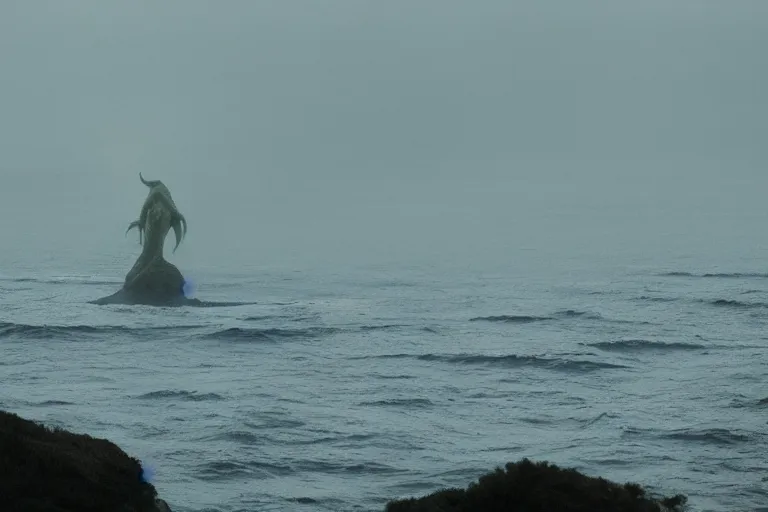 Image similar to giant VFX movie of cthulhu rising out of the ocean in Malibu morning natural light by Emmanuel Lubezki