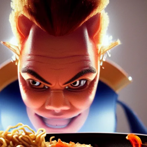 Prompt: a portrait of Korbin Dallas from the movie The Fifth Element eating a bowl of ramen, 8k resolution, extremely detailed, octane render, HQ, colored HQ