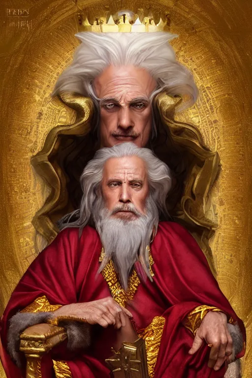 Prompt: Portrait of historically accurate, ancient biblical, sultry, sneering, evil, pagan, old kindah kingdom king, muscular, wearing gilded red royal robes, long white hair, intricate, elegant, highly detailed, digital painting, artstation, concept art, smooth, sharp focus, illustration, art by artgerm and greg rutkowski and alphonse mucha and andrei riabovitchev
