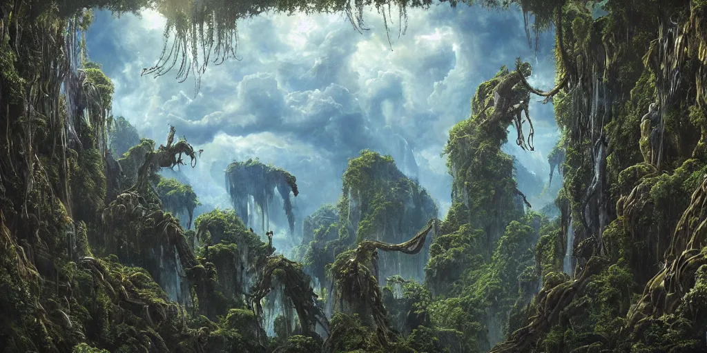 Prompt: realistic landscape painting of Pandora from Avatar 2009 film,with lots of Xenomorph aliens, high detail, fine art, creations of Gustave Dore and Gustave Courbet, trending on Foundation.