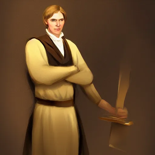 Image similar to mormon prophet, joseph smith, holding up the gold plates, conceptart, trending on artstation