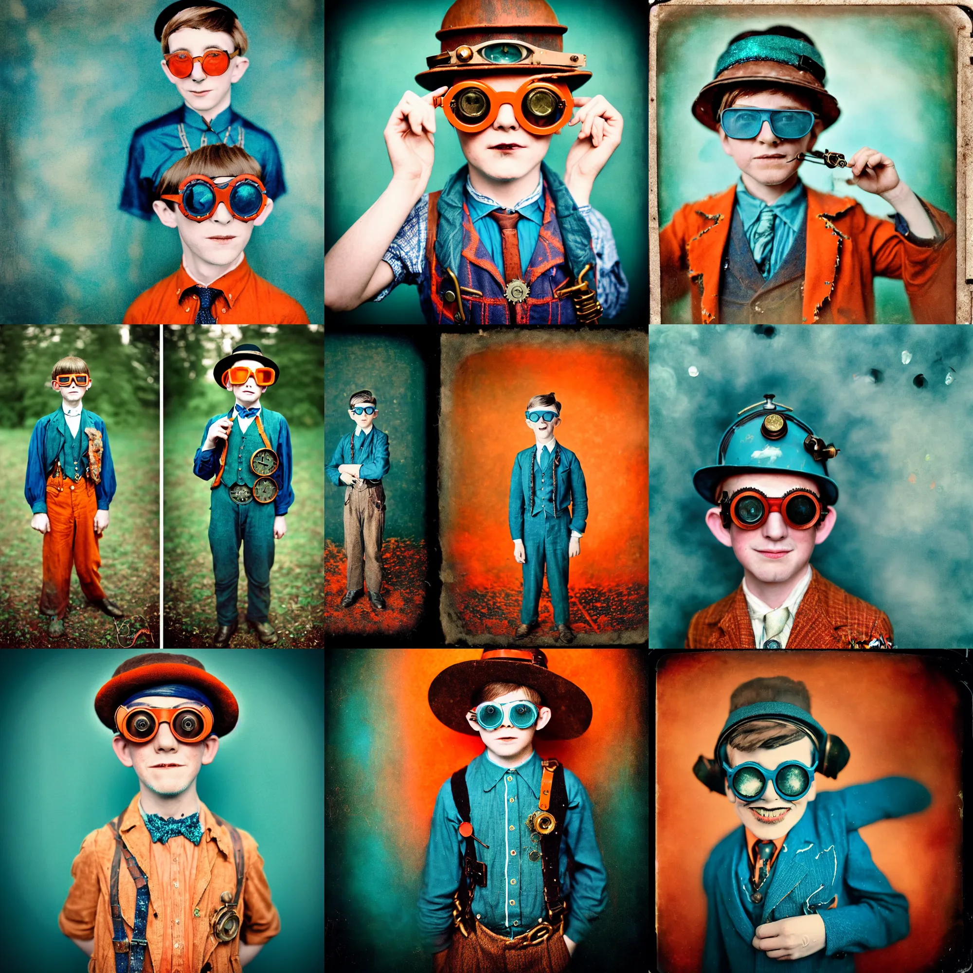 Prompt: kodak portra 4 0 0, wetplate, motion blur, face portrait photo of 8 year old steampunk boy in 1 9 2 0 s in hell fire, wearing a blue berries, 1 9 2 0 s cloth style, 1 9 2 0 s hairstyle, coloured in teal and orange, funny sunglasses, by britt marling, sparkle storm