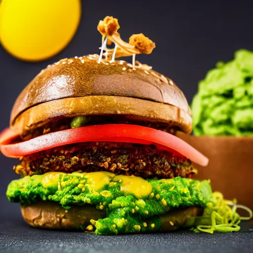 Image similar to juicy vegan hamburger with guacamole topping and crispy fried onion topping and a fried egg topping, crispy buns, 8 k resolution, professional food photography, studio lighting, sharp focus, hyper - detailed