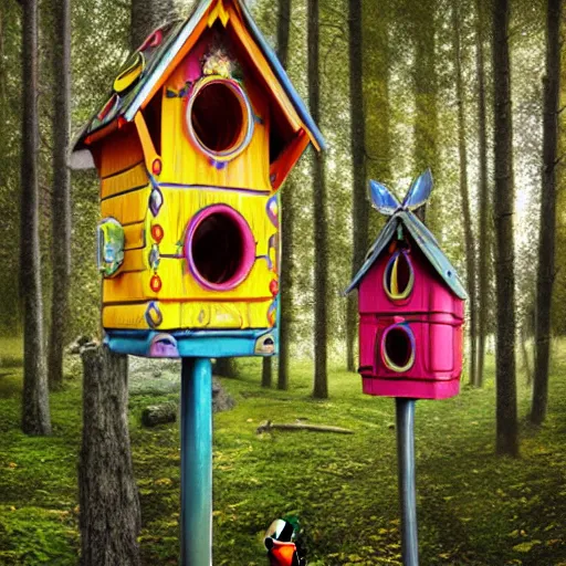 Prompt: Colorful Victorian Birdhouses by Tuomas Korpi and Alejandro Burdisio and Jacek Yerka, Hyperrealism