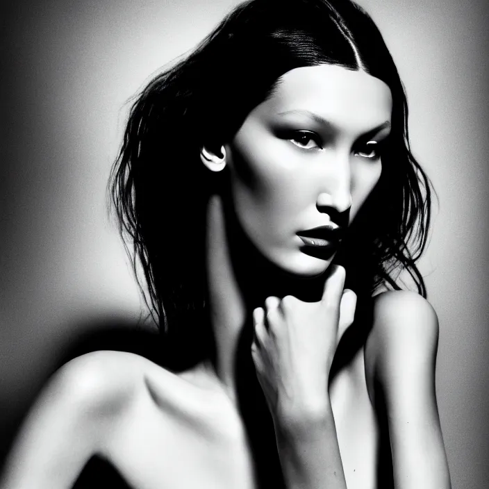 Image similar to photography face portrait of a beautiful woman like bella hadid, black and white photography portrait, skin grain detail, high fashion, studio lighting film noir style photography, by richard avedon, and paolo roversi, nick knight, hellmut newton, nobuyo araki, on a tropical wallpaper exotic patern background