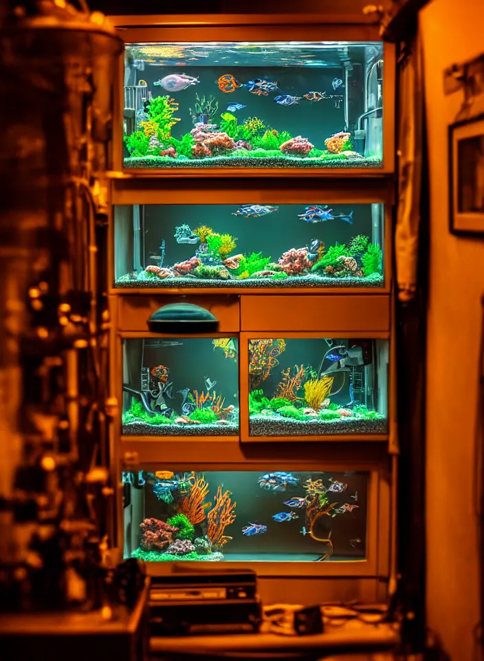 Image similar to telephoto 7 0 mm f / 2. 8 iso 2 0 0 photograph depicting the feeling of chrysalism in a cosy safe cluttered french sci - fi art nouveau cyberpunk apartment in a dreamstate art cinema style. ( ( ( fish tank ) ) ), ambient light.