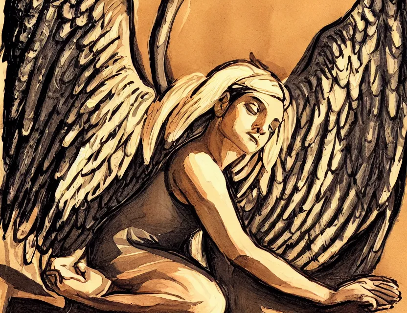 Image similar to angel of listlessness lazying around. heavily stylized, gouache painting by indie cartoonist. backlighting, chiaroscuro, intricate details.