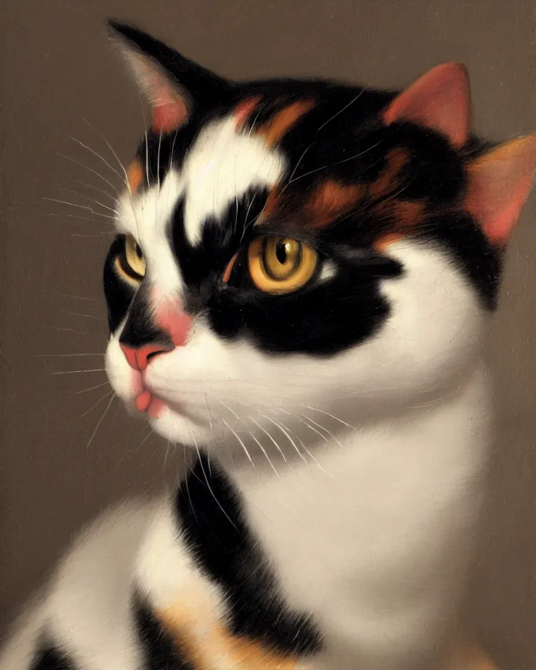 Image similar to close up portrait of one calico cat by vermeer. black background, three - point lighting, enchanting, realistic features, realistic proportions, centered, facing camera.