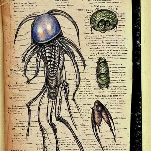 Image similar to an old journal page describing alien life forms with rich illustrations