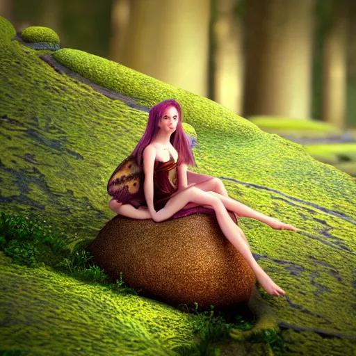 Image similar to a fairy sitting on a toadstool, macro, depth of field, zeiss lens, detailed, symmetrical, centered, fashion photoshoot, by annie leibovitz and steve mccurry, david lazar, jimmy nelsson, breathtaking, 8 k resolution, extremely detailed, beautiful, establishing shot, artistic, hyperrealistic, beautiful face, octane render