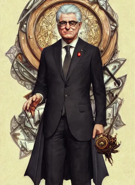 Image similar to sergio mattarella, b, wearing a suit, tarot card, deep focus, d & d, fantasy, intricate, elegant, highly detailed, digital painting, artstation, concept art, matte, sharp focus, italian flag, illustration, hearthstone, art by artgerm and greg rutkowski and alphonse mucha