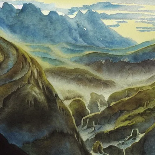 Image similar to middle earth landscapes by j. r. r. tolkien, watercolor,