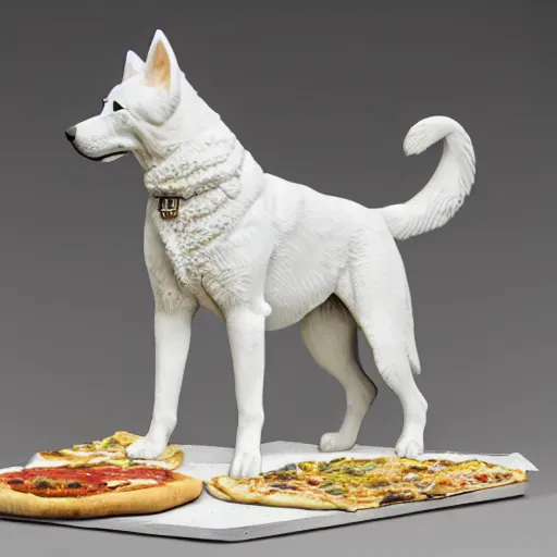 Image similar to detailed photo of a white shepherd statue made of pizza, various posed, full body, studio light, 8 k, photorealism, intricate detail, museum diffuse lighting