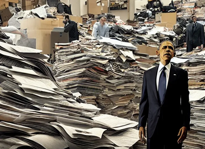 Image similar to obama nervously standing by a mountain of papers, film still in the new batman movie, 4 k