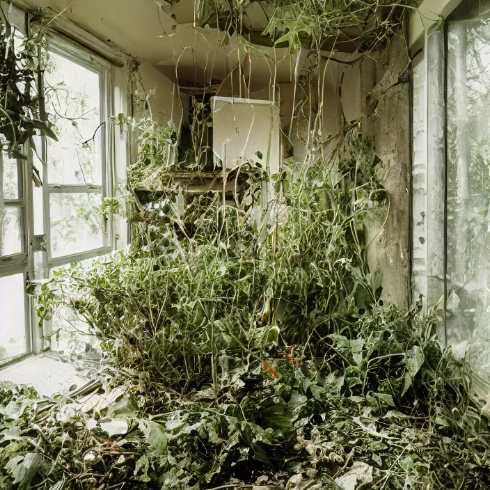 Image similar to overgrown modern home interior, color photograph, canon eos c 3 0 0, ƒ 1. 8, 3 5 mm, 8 k, medium - format print