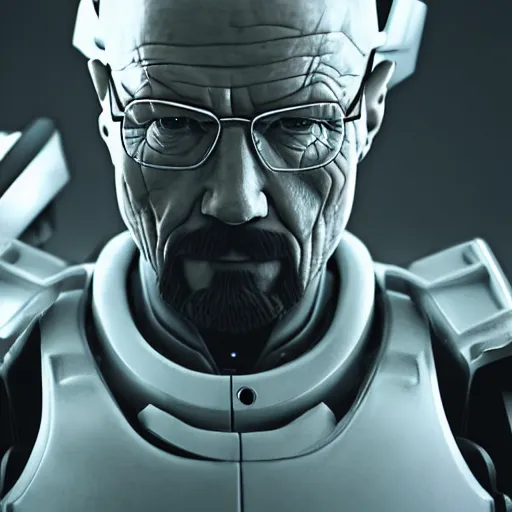 Image similar to Photo of Walter White in cybernetic battle armour, 4k octane render, highly detailed