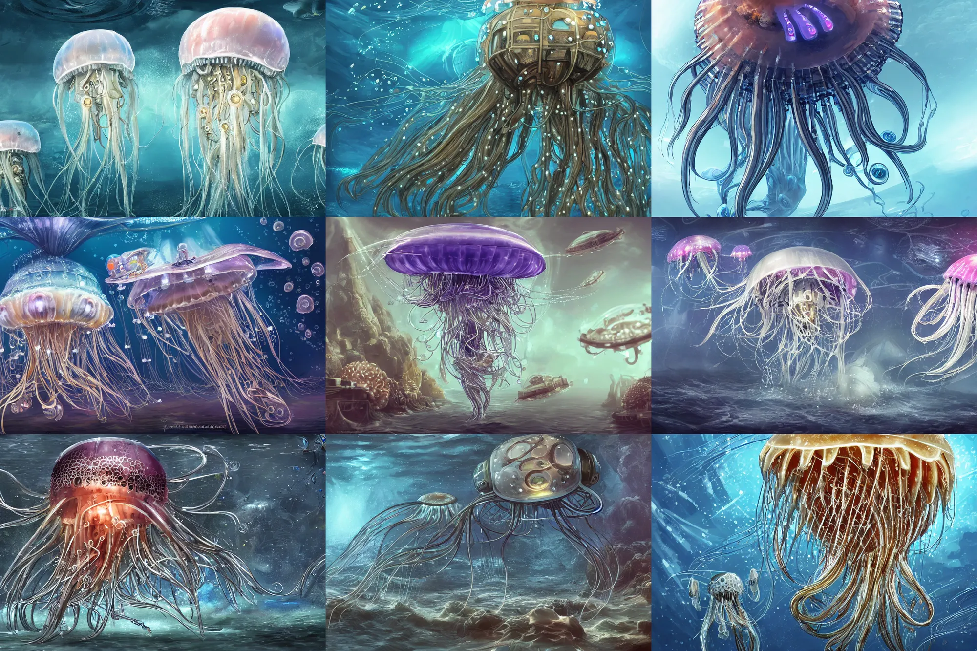 Prompt: a very large mechanical robotic armored jellyfish, undersea environment,. digital art, trending on art station, highly detailed,