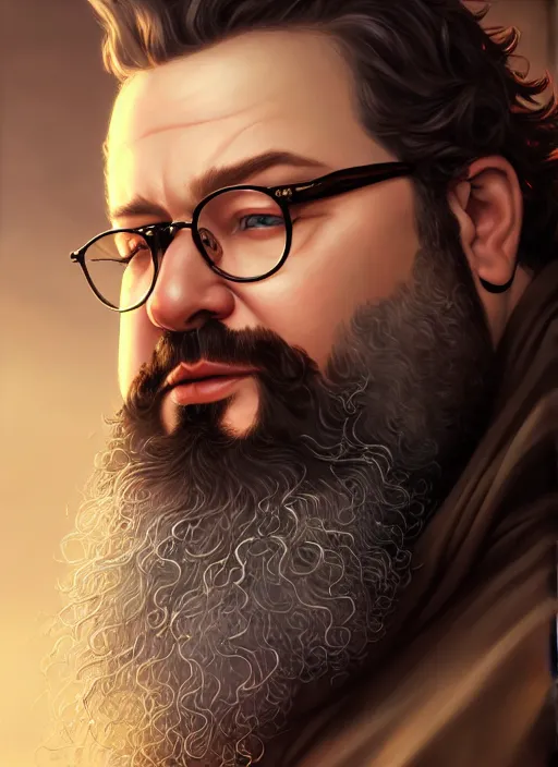 Prompt: a _ fantasy _ style _ portrait _ painting _ of chubby guy wavy hair glasses beard, rpg dnd oil _ painting _ unreal _ 5 _ daz. _ rpg _ portrait _ extremely _ detailed _ artgerm _ greg _ rutkowski _ greg