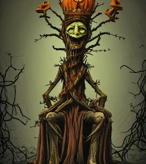 Prompt: a tim burton character design of a creepy king, pumpkin as a head, limbs made from vines, sitting on a stone throne, detailed game art illustration, creepy carved expression, creepy lighting, dynamic pose, 4 k artstation, masterpiece