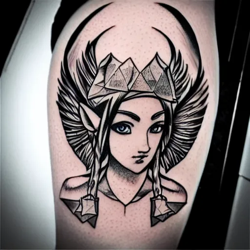 Image similar to tattoo design, stencil, portrait of princess zelda by artgerm, symmetrical face, beautiful, triforce