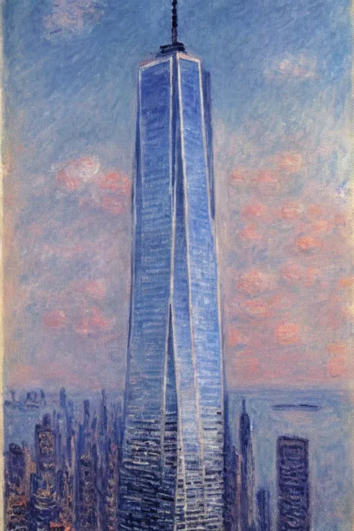 Image similar to One World Trade Center, New York City, illustrated by Claude Monet, very detailed