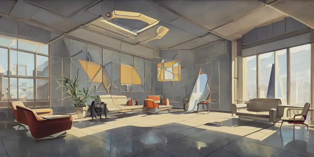 Image similar to a beautiful illustration of futuristic interior studio, lots of furniture, sofa, waiting room, big medium small, sacred geometry, golden ratio, in watercolor gouache detailed paintings, in style of syd mead, trending on artstation, 8 k, panel, hard surface, wallpaper, zaha hadid, scattered props, plant, cozy, decoration, simon stalenhag, deus ex