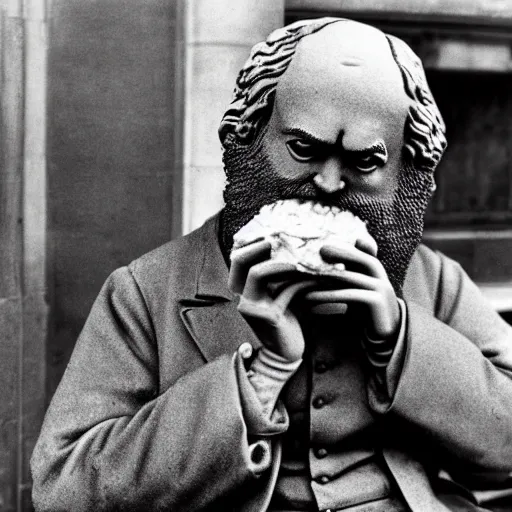 Image similar to Statue of Karl Marx eating a burger at McDonald's, photo