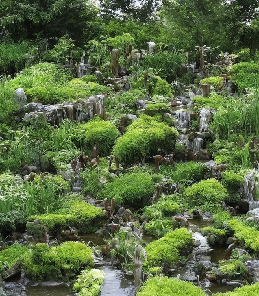 Image similar to a garden, in which there is a flowing water sculpture made of bamboo, garden landscape and symmetrical landscape ， by andre le notre ， trending ，