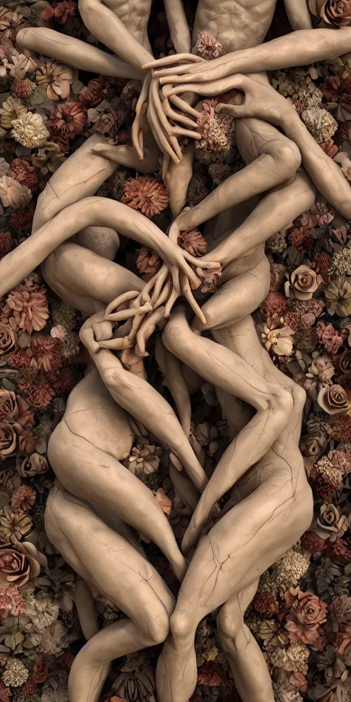 Image similar to closeup photograph of a surrealist sculpture human bodies intertwined, a lovely cornucopia of flowers and human body parts, body parts, made of clay, earth tones, muted color palette, skin tones, highly detailed, octane render, cinematic