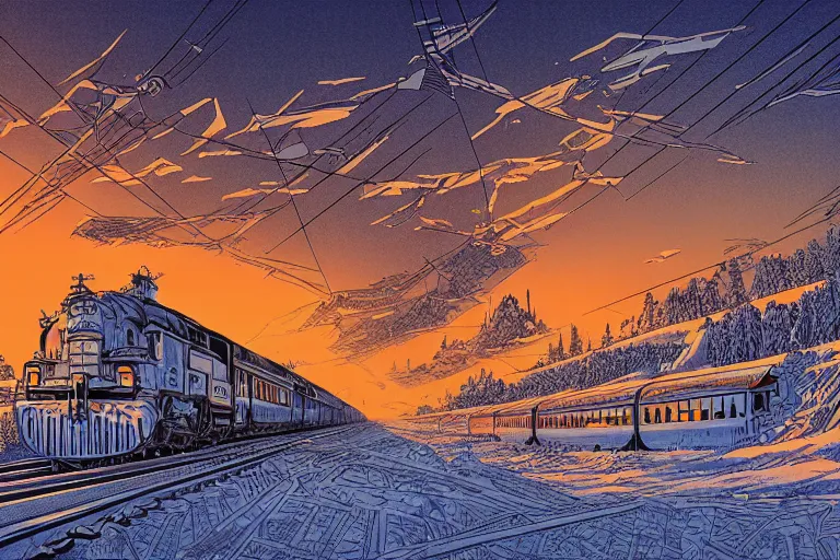 Image similar to trans - siberian express train ultrafine drawing by joe fenton and syd mead and p. craig russell and barry windsor - smith, artstation, 4 k, graphic novel, concept art, matte painting, beautiful russian winter landscape sunset background, golden hour, art nouveau, sharp