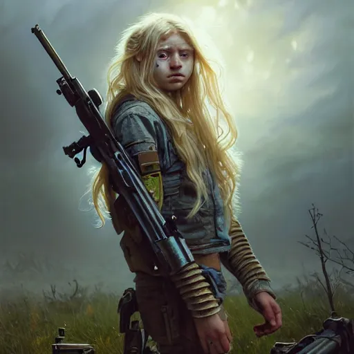 Prompt: portrait painting of a post - apocalyptic blonde teenager with matted long hair wearing light scrap armor with an old gun on his back, ultra realistic, concept art, intricate details, eerie, highly detailed, photorealistic, octane render, 8 k, unreal engine. art by artgerm and greg rutkowski and charlie bowater and magali villeneuve and alphonse mucha