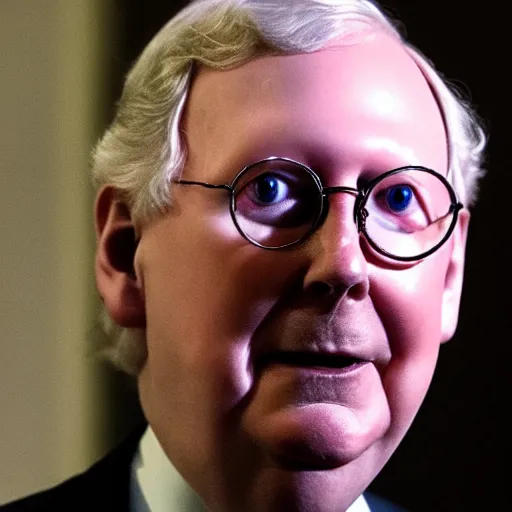 Image similar to the melting slimy face of villain mitch mcconnell flesh monster. horror film photograph.