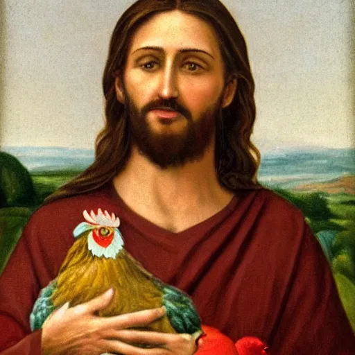 Prompt: jesus christ holding a chicken, portrait,