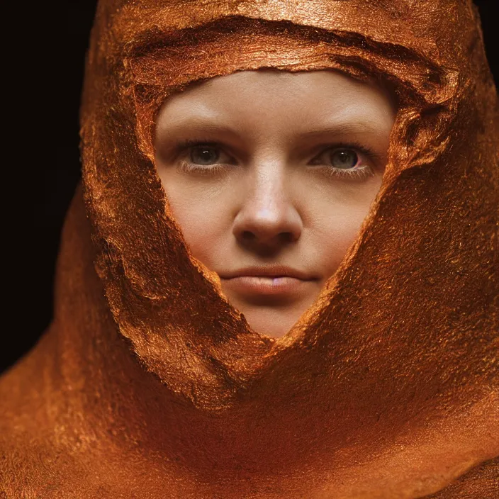 Prompt: closeup portrait of a woman wrapped in copper fiber, in waitomo caves new zealand, color photograph, by vincent desiderio, canon eos c 3 0 0, ƒ 1. 8, 3 5 mm, 8 k, medium - format print