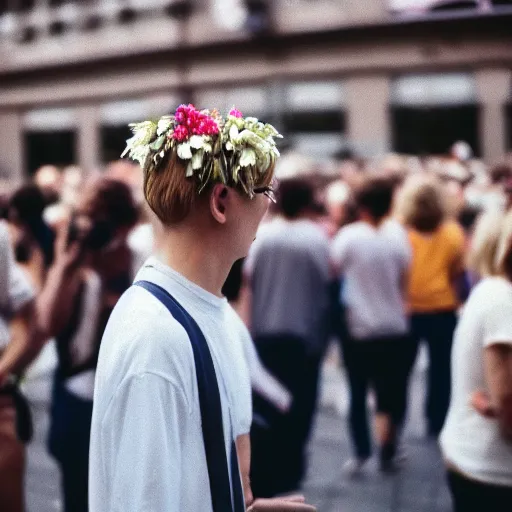 Image similar to kodak portra 4 0 0 photograph of a skinny blonde guy standing in a crowd, back view, flower crown, moody lighting, moody vibe, telephoto, 9 0 s vibe, blurry background, vaporwave colors, faded!,
