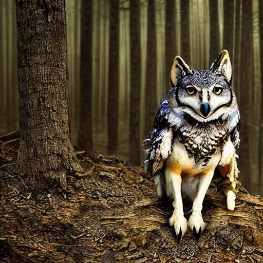 Prompt: mixture between an! owl and wolf, photograph captured in a dark forest