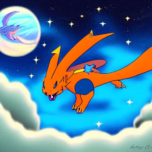 Image similar to charizard from pokemon flying into space and time above the clouds, the stars and galaxies are shining bright, ue 5, award winning, sharp focus, illustration