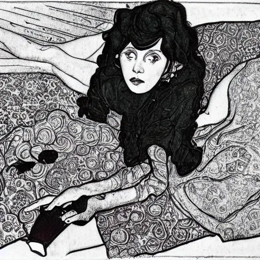 Image similar to rocker goth teen girl laying on the floor, writing on a journal. 1970s colorful psychedelic bedroom. Trippy. Mucha. Stylized. Egon schiele