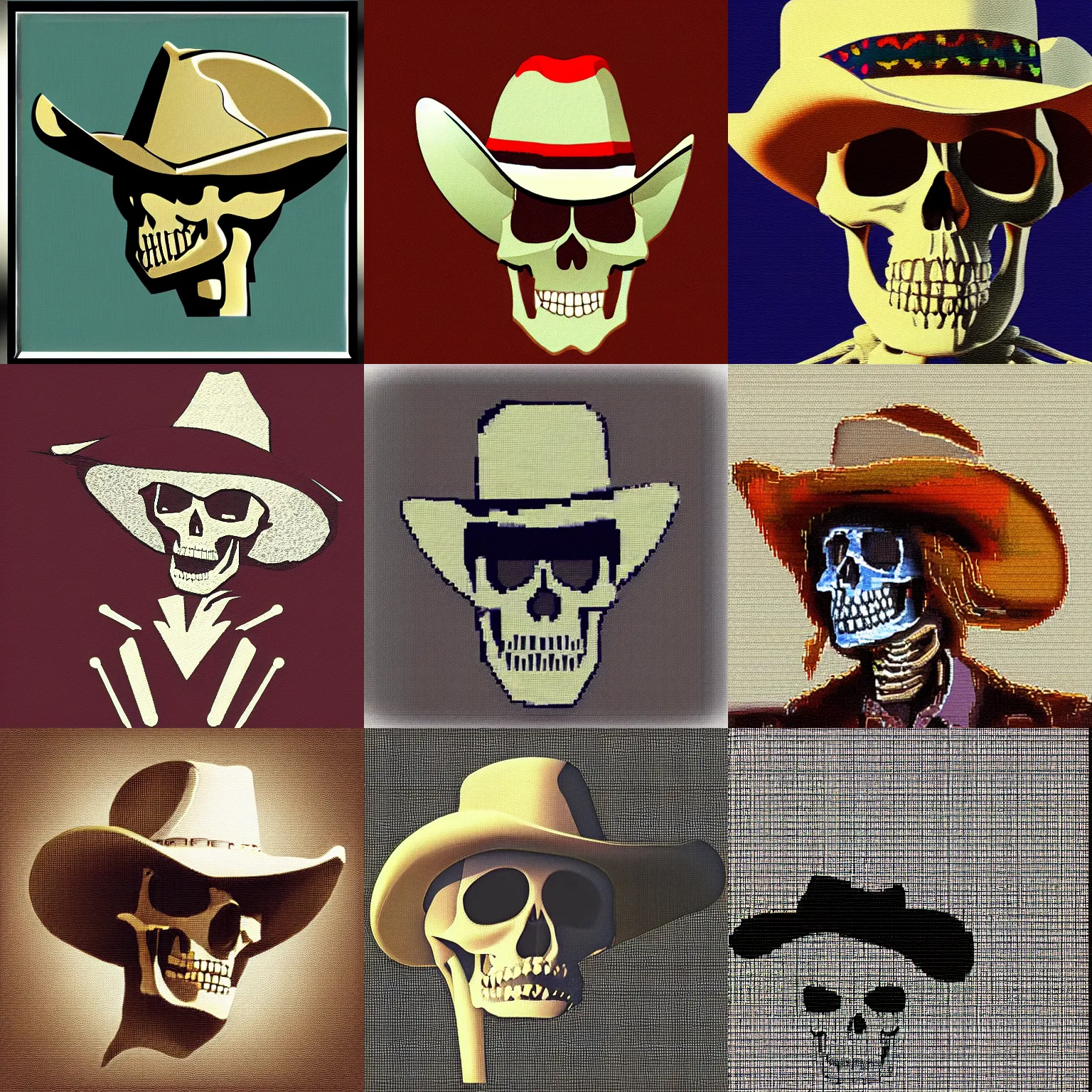 Prompt: pixcel art of a skeleton in a cowboy hat