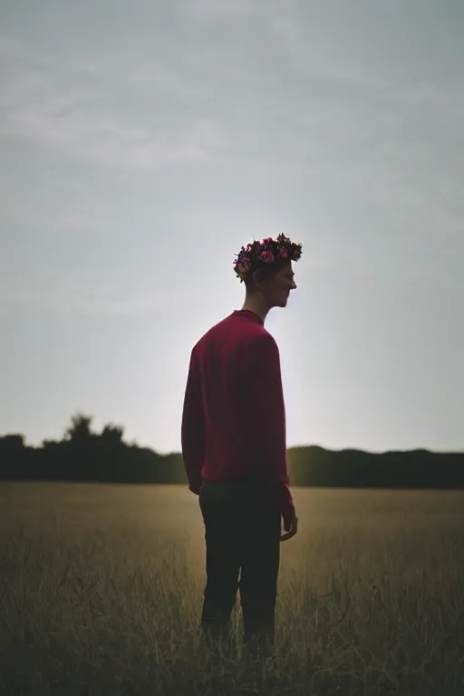 Prompt: agfa vista 4 0 0 photograph of a skinny blonde guy standing in a spotlight in a dark field, flower crown, back view, grain, moody lighting, moody vibe, telephoto, 9 0 s vibe, blurry background, vaporwave colors!, faded!,