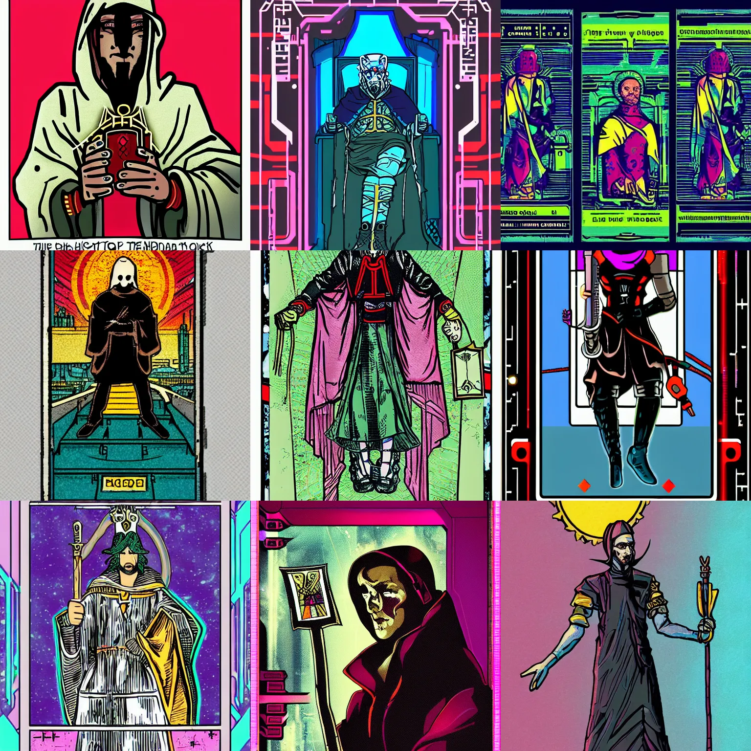 Prompt: The High Priest tarot card in a cyberpunk style