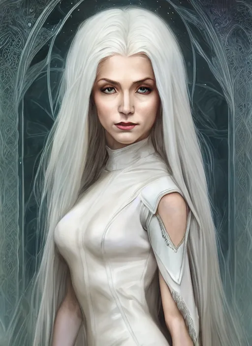 Image similar to portrait of a female elven mage, looking at camera, D&D, white leather dress, long platinum hair, intricate, elegant, stylish, cute smile, fantasy, extremely detailed, digital painting, artstation, concept art, smooth, sharp focus, illustration, ambient lighting, art by artgerm and greg rutkowski and alphonse mucha and simon stalenhag