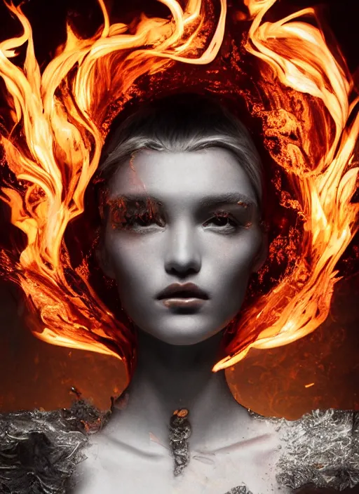 Image similar to sculpture made of flame, portrait, female, future, torch, fire, harper's bazaar, vogue, fashion magazine, intricate, concept art, close up, ornate, luxury, elite, elegant, trending on artstation, by ruan jia, by Kenneth Willardt, by ross tran, by WLOP, by Andrei Riabovitchev,