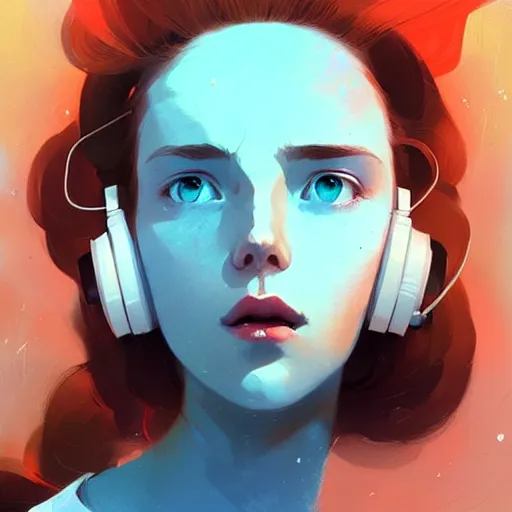 Image similar to beautiful artistic - wave highly detailed portrait female, with head phones, long red hair, by atey ghailan, by greg rutkowski, by greg tocchini, by james gilleard, by joe fenton, by kaethe butcher, dynamic lighting, gradient light blue, brown, blonde cream and white color scheme, grunge aesthetic