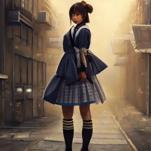 Image similar to a perfect, realistic professional oil painting of a Japanese schoolgirl posing in a dystopian alleyway, style of Marvel, full length, by a professional American senior artist on ArtStation, a high-quality hollywood-style concept