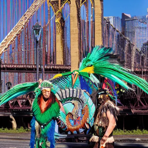 Prompt: an indigenous shaman dressed with a quetzalcoatl feathered serpent fighting against climate change garbage tornado non - human hyperobject in manhattan bridge